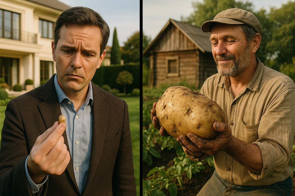 Geteilte Szene: Links steht ein wohlhabender Akademiker in einem gepflegten Garten vor einer großen Villa und hält eine winzige Kartoffel in der Hand, sichtbar enttäuscht über seine geringe Ernte. Rechts erntet ein einfacher Landarbeiter mit schmutzigen Händen eine riesige Kartoffel vor einem schlichten Haus. Das Bild symbolisiert den Unterschied zwischen theoretischer Intelligenz und praktischer Weisheit: Der reiche Akademiker kann sich zwar Kartoffeln kaufen, wäre aber in einer Notsituation kaum in der Lage, seine Familie zu ernähren. Der einfache Bauer besitzt hingegen das praktische Wissen, große Kartoffeln anzubauen und unabhängig zu bleiben. Darstellung von Intelligenz, Weisheit, Selbstbestimmtheit und alltäglicher Klugheit.“