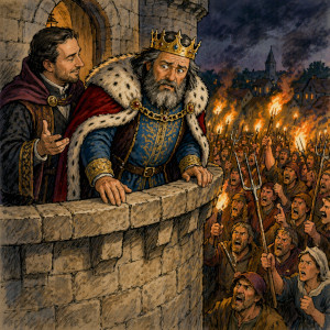 König steht besorgt auf einem Burgturm und blickt auf ein aufgebrachtes Volk mit Fackeln und Heugabeln. Neben ihm ein ruhiger Berater – Symbol für gezielte Spaltung und Machtstrategie.