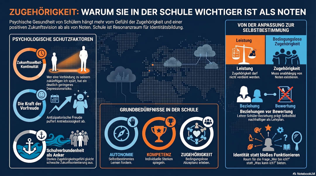 Infografik über Schulverbundenheit: Zukunftsselbst, Vorfreude und Zugehörigkeit als psychologische Schutzfaktoren gegen Depression sowie der Einfluss von Autonomie, Kompetenz und Zugehörigkeit auf die Persönlichkeitsentwicklung